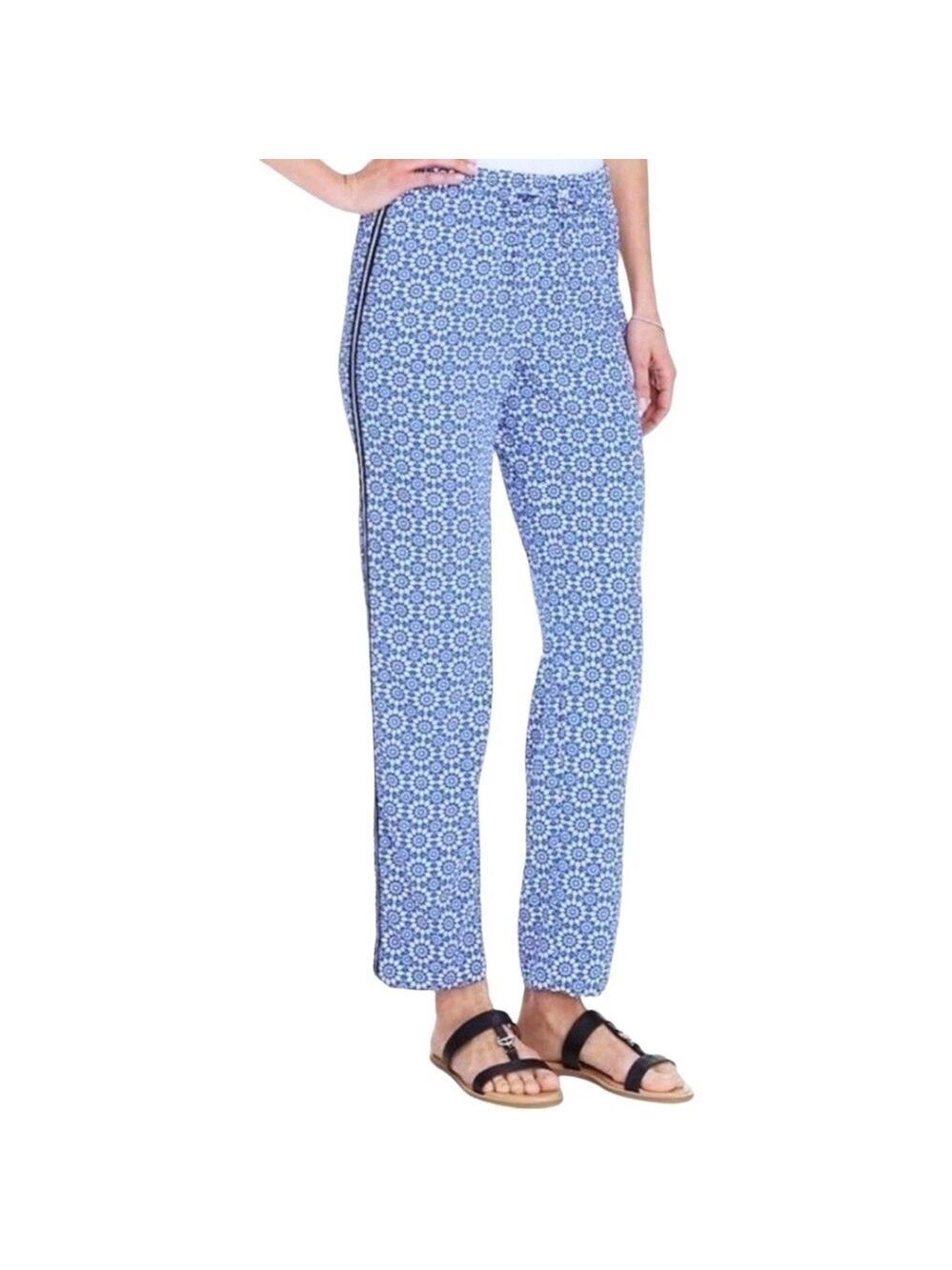 TALBOTS Petites Blue Geometric Print Flowing Straight Leg Trouser Tuxedo Stripe